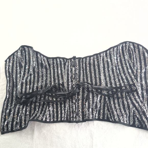 Glitter Sequin Bustier Lace Up Corset Zip Front Silver Black Women's Small - Picture 5 of 8
